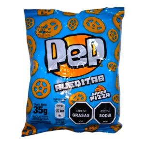 Paquete de Snack Rueditas Pep 35g, snack de maíz horneado crocante.