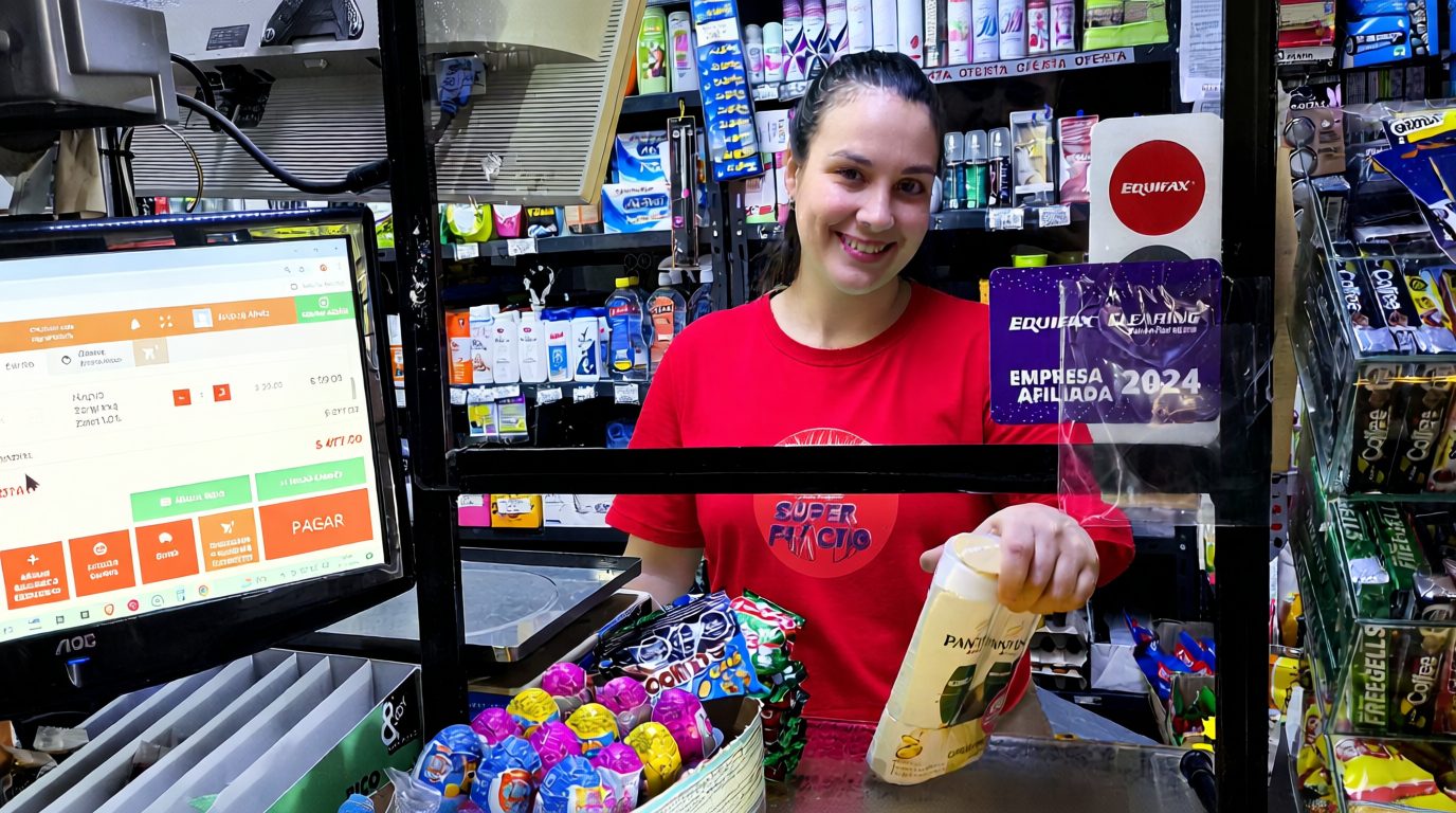 Cajera atendiendo en Súper Práctico supermercado en Salto.