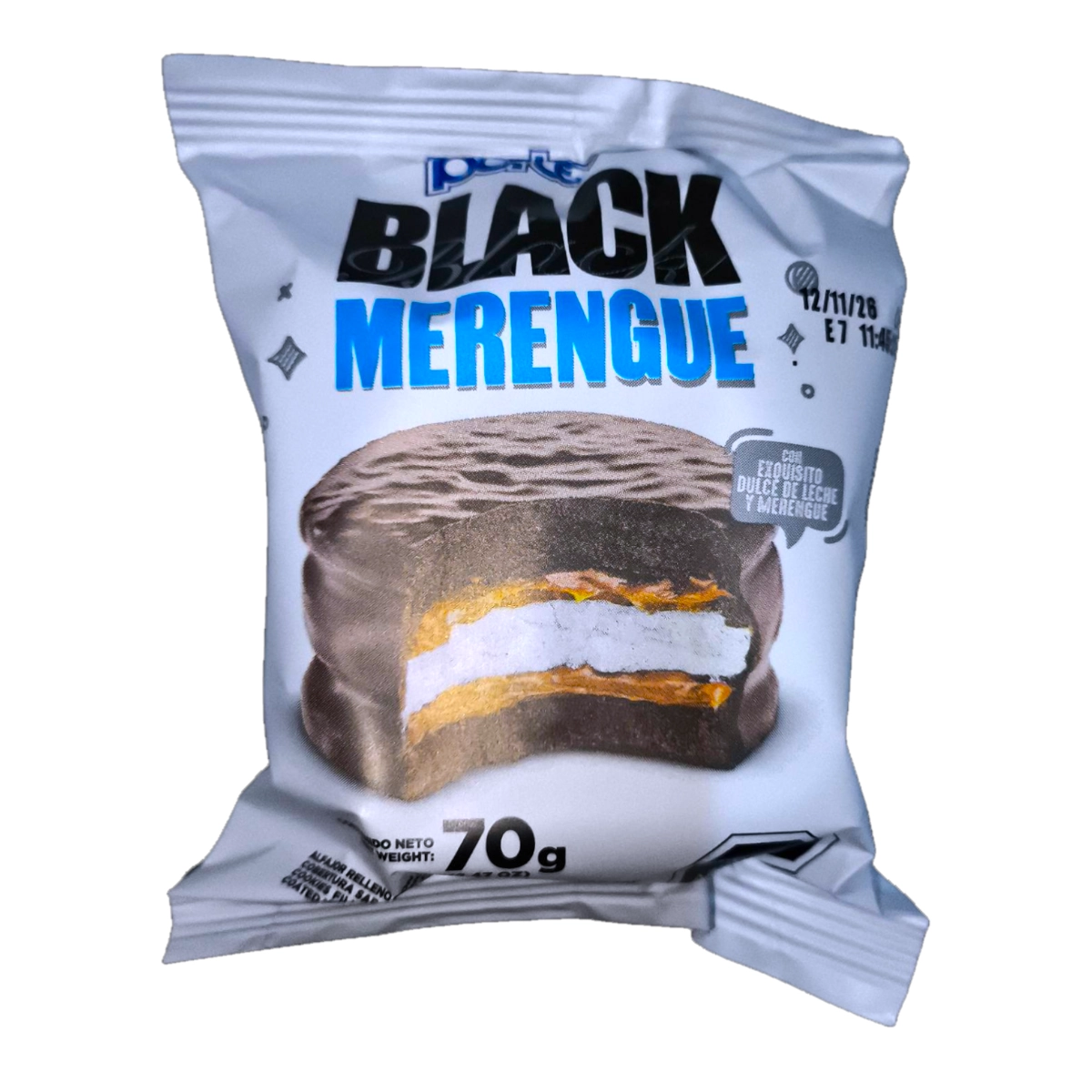 Paquete de Alfajor PORTEZUELO 70g Black Merengue relleno de dulce de leche con cobertura de merengue.
