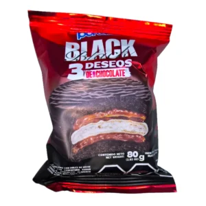 Paquete de Alfajor PORTEZUELO 80g Black Tres Deseos, alfajor triple de cacao y dulce de leche.