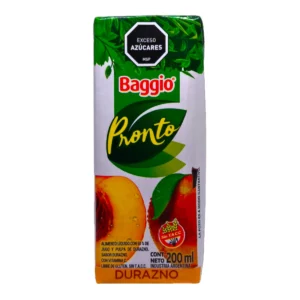 Jugo Baggio Pronto 200ml Durazno en cajita individual libre de gluten. Bebida frutal ideal para la merienda.
