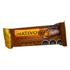 Pack individual de Barquillo NATIVO de 28g relleno de dulce de leche con cobertura símil chocolate, envase marrón con detalles dorados y sellos de advertencia nutricional.