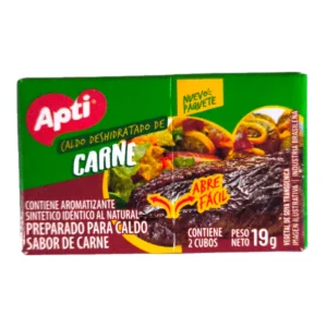 Caja de Caldos APTI 2 Cubos sabor Carne, ideal para sazonar guisados, sopas y salsas.