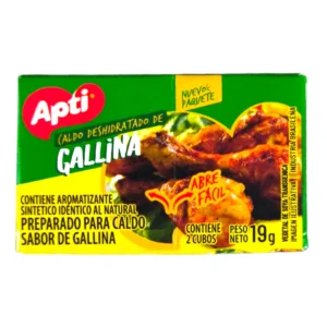 Caja de Caldos APTI 2 Cubos sabor Gallina, ideal para sazonar sopas y guisados.