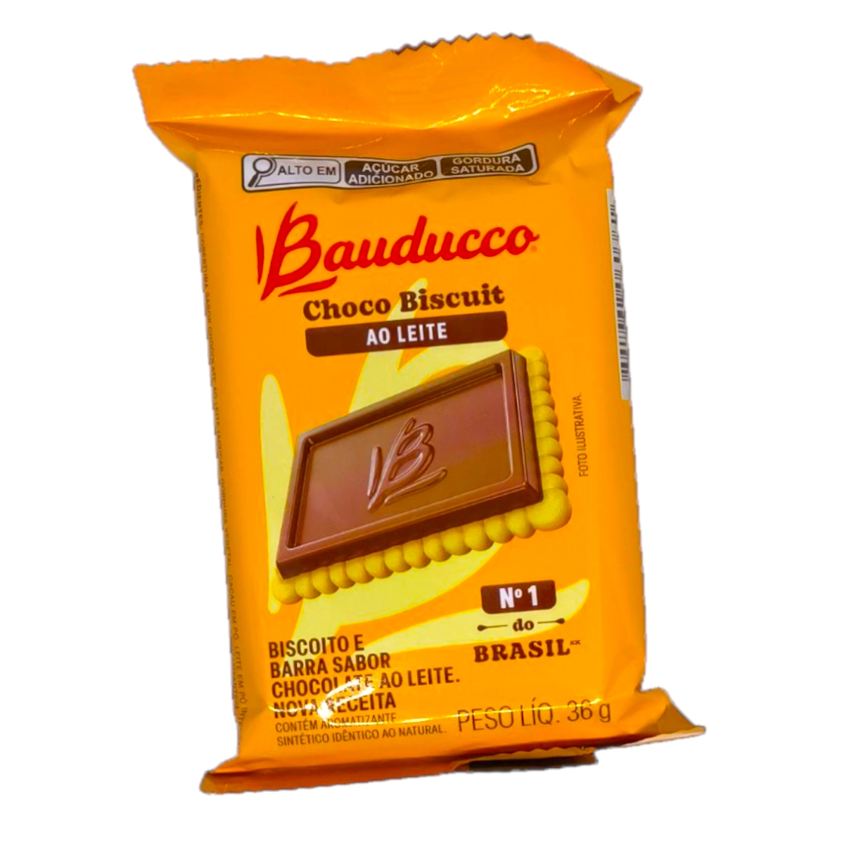 Paquete de Choco Biscuit BAUDUCCO 36g Chocolate. Galletita crujiente cubierta con una barra de chocolate con leche.