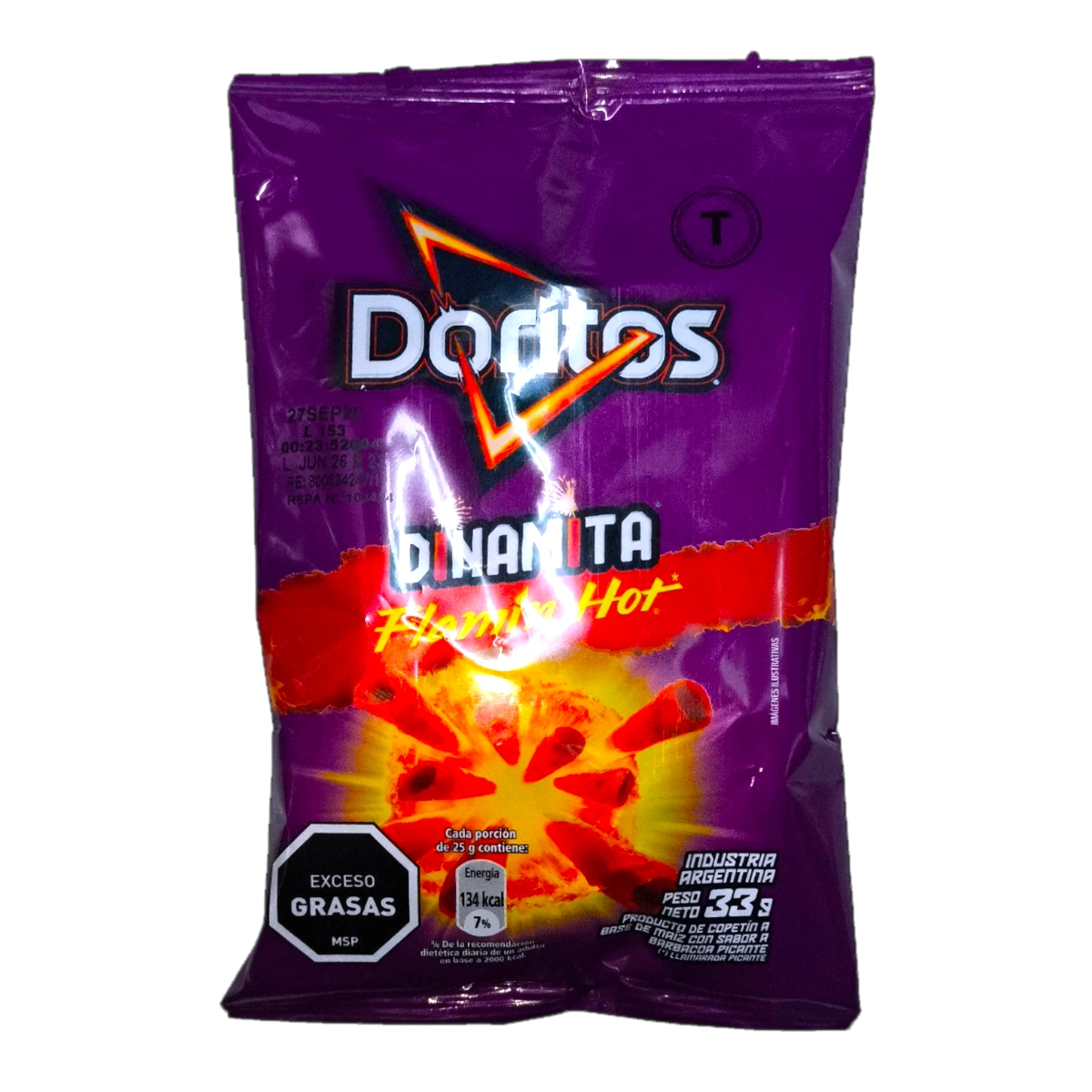 Paquete de tortillas de maíz enrolladas Doritos Dinamita 33g, ideal para snacks picantes.