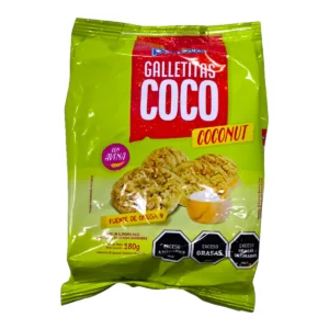 Paquete de Galletitas PORTEZUELO 180g Coco. Galletitas dulces con avena y coco, destacadas como fuente de Omega 9.