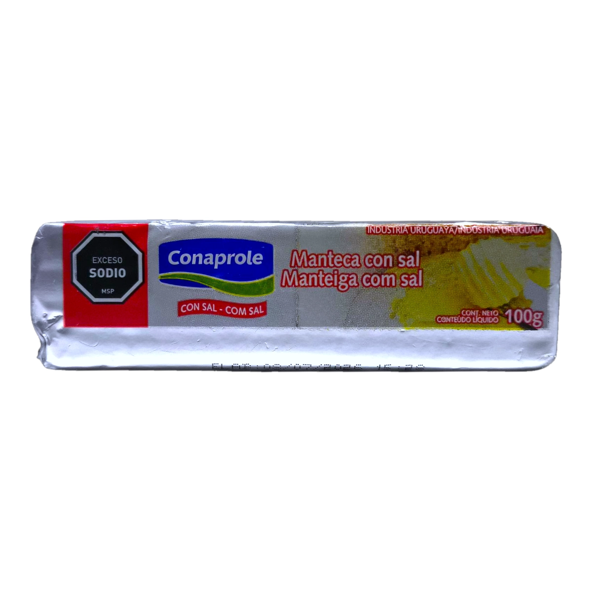 Paquete de Manteca Salada CONAPROLE de 100g envuelta en papel metalizado.