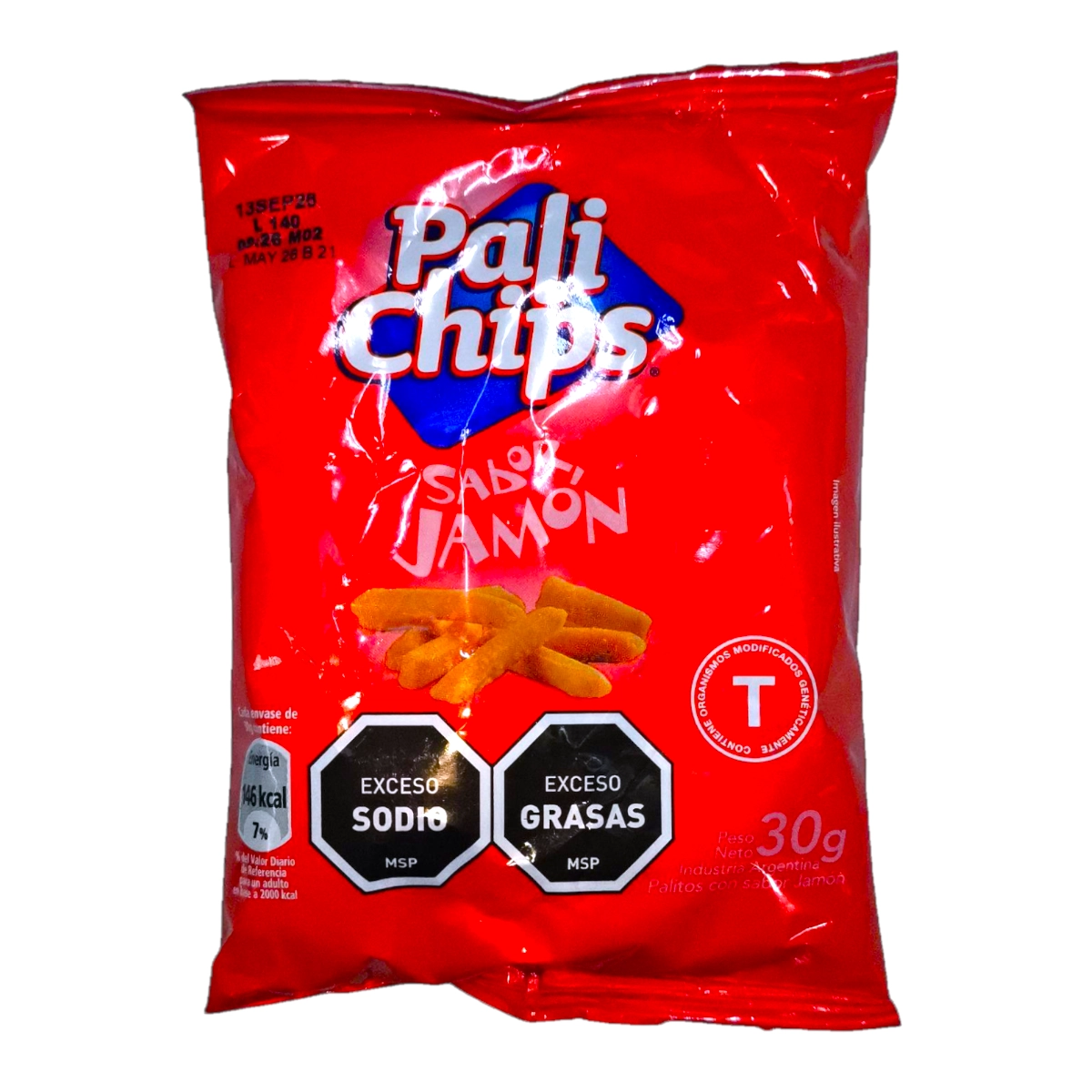 Paquete de Pali Chips Jamón 30g, papas fritas en palito sabor jamón.