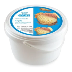 Balde de helado CRUFI 5L sabor chocolate, dulce de leche y sambayón, envase blanco con tapa ilustrada en azul.