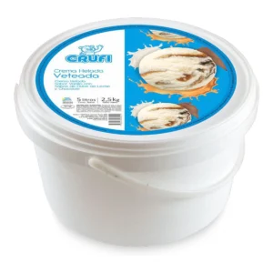 Balde de helado CRUFI 5 litros, crema sabor vainilla veteada con salsas de dulce de leche y chocolate, envase blanco.