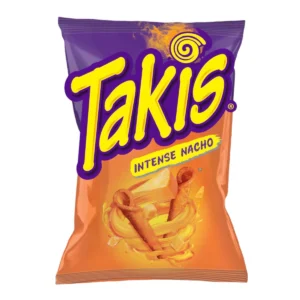 Bolsa de Takis Intense Nacho 49g sin picante, snack de maíz enrollado sabor a queso, fondo naranja y morado.