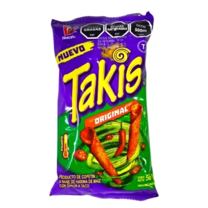 Bolsa de Takis Original 56g, snack de maíz enrollado picante, fondo verde y violeta con ilustraciones de chiles y rollitos.