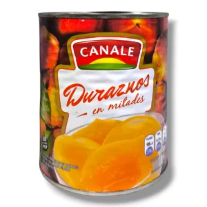 Lata de duraznos en mitades en almíbar Canale 820g, etiqueta colorida con imagen de mitades de durazno.
