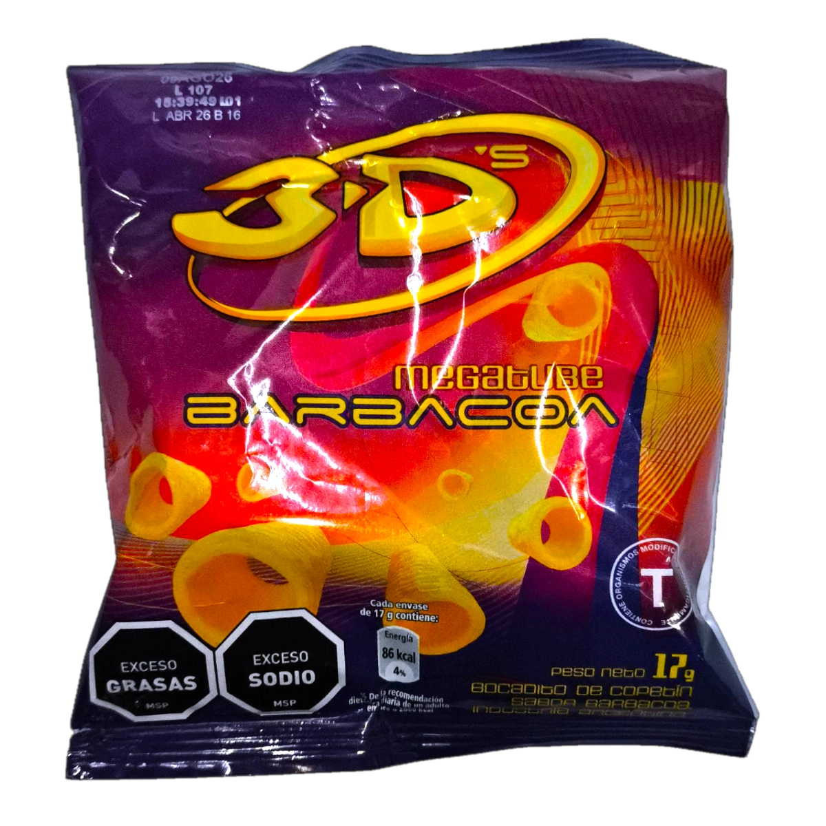 Paquete individual de Snack 3DS Megatube 17g Barbacoa, tubitos de maíz sabor barbacoa.