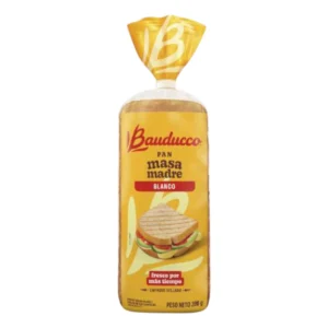 Paquete de Pan Blanco BAUDUCCO 390g. Pan de molde blanco elaborado con masa madre, envasado para mantenerse fresco por más tiempo.