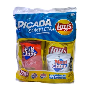 Pack Picada Completa LAY'S 320g con bolsas de papas fritas, Pali Chips y Maní Chips en envase plástico.