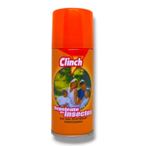 Envase de Repelente en Aerosol CLINCH 165mL. Spray repelente de insectos de color naranja ideal para proteger a toda la familia al aire libre.