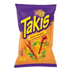 Snack Takis Xplosion 56g bolsa naranja y violeta, chips de tortilla enrollados sabor queso picante y chile jalapeño.