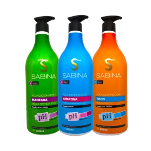 Variedad de Acondicionadores Sabina de 800mL: Manzana (Brillo refrescante), Keratina (Fuerza reparadora) y Trigo (Revitalizante).