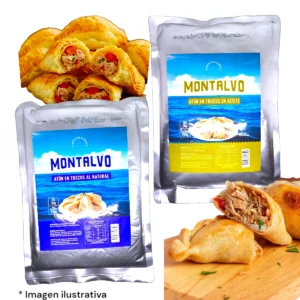 Presentaciones de Atún en Trozos MONTALVO 1Kg al natural y en aceite con imágenes de empanadas rellenas.
