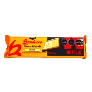 Pack de Choco Biscuit Bauducco edición especial Netflix 80g sabor chocolate blanco, galleta de cacao con barra de chocolate blanco encima, disponible en Salto Uruguay.