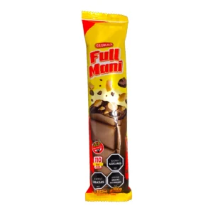 Barra de Chocolate FULL MANÍ de 100g de la marca Georgalos, envase amarillo con ilustraciones de chocolate y maní, producto sin T.A.C.C..