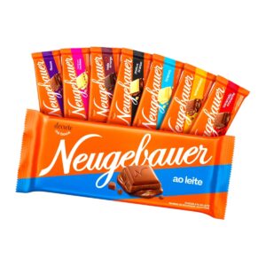 Variedad de tabletas de chocolate Neugebauer de 80g, incluyendo sabores como leche, medio amargo, maní, cookies y caramelo, disponibles en Salto Uruguay.
