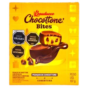 Caja de Chocottone Bites Bauducco 107g, trozos de panettone con gotas de chocolate y cobertura de chocolate, disponible en Salto Uruguay.