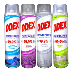 Cuatro envases de Desinfectante ODEX en aerosol en diferentes fragancias: Amanecer de Montaña, Lavanda, Original y Bebé.