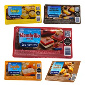 Variedades de Dulce Los Nietitos 400g incluyendo membrillo, batata, zapallo y batata con chocolate, producto uruguayo libre de gluten disponible en Salto.