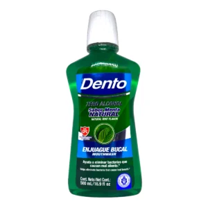 Botella de Enjuague Bucal DENTO 500mL sabor menta natural, fórmula Zero Alcohol con CPC para eliminar bacterias, disponible en Salto.