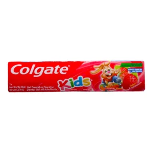 Tubo de Gel Dental Colgate Kids de 50g, sabor Fresantástico, con diseño de una fresa con lentes de sol y una patineta.