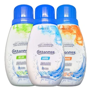 Trío de Jabón Líquido COTTONMAX 500ml en variantes Relax (verde), Garra (azul) y Armonía (naranja), aptos para lavarropas con suavizante e industria uruguaya.