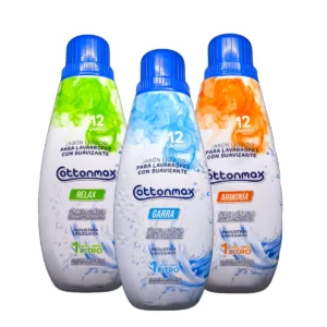 Trío de botellas de 1 Litro de Jabón Líquido con Suavizante Cottonmax en sus variedades Relax, Garra y Armonía.