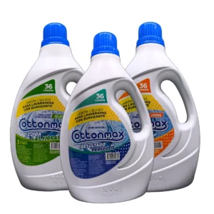 Variedad de bidones de Jabón Líquido con Suavizante COTTONMAX 3L en versiones Relax, Garra y Armonía.