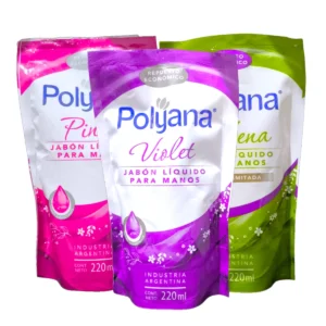 Tres envases tipo doypack de Jabón Líquido para Manos POLYANA de 220mL en sus variedades Pink, Violet y Verbena.