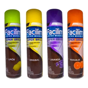 Variedad de envases de Lustra Muebles FACILIM 340mL en fragancias Limón, Original, Lavanda y Naranja.