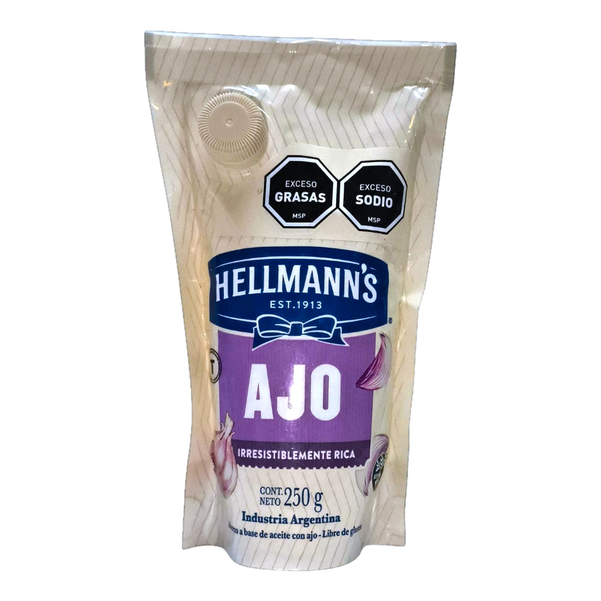 Envase de Mayonesa HELLMANN'S 250g De Ajo, aderezo cremoso saborizado con ajo.