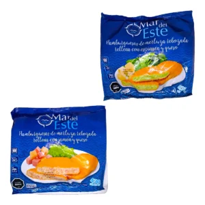 Pack de Medallon de Merluza MAR DEL ESTE 430g en sus variedades de Jamón y Queso y Espinaca y Queso, productos congelados en Salto.