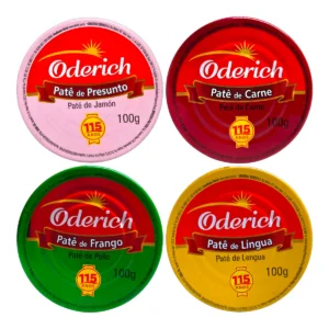 Cuatro variedades de Paté ODERICH 100g: Jamón (rosa), Carne (rojo), Pollo (verde) y Lengua (amarillo).