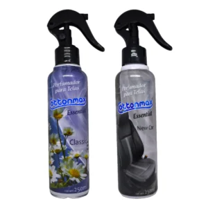 Dos variedades de Perfumador para Telas COTTONMAX 250mL: fragancia Classic con flores y fragancia New Car con imagen de butaca.