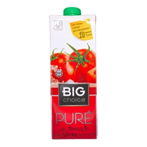 Envase familiar de Puré de Tomate BIG CHOICE 1040g con certificación sin gluten e industria uruguaya.