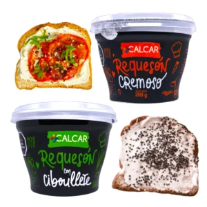 Variedades de Requesón CALCAR 200g en versiones Cremoso y con Ciboulette, presentados junto a tostadas preparadas, disponibles en Salto.