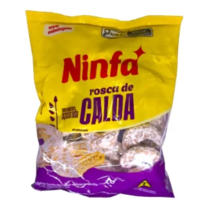 Bolsa de Rosca de Calda NINFA 250g sabor Vainilla, envase amarillo y violeta con ventana transparente que muestra las rosquillas con cobertura azucarada.