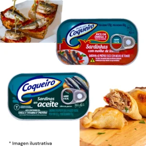 Variedades de Sardinas COQUEIRO 125g en aceite y con salsa de tomate, ricas en Omega 3 y libres de gluten, disponibles en Salto.