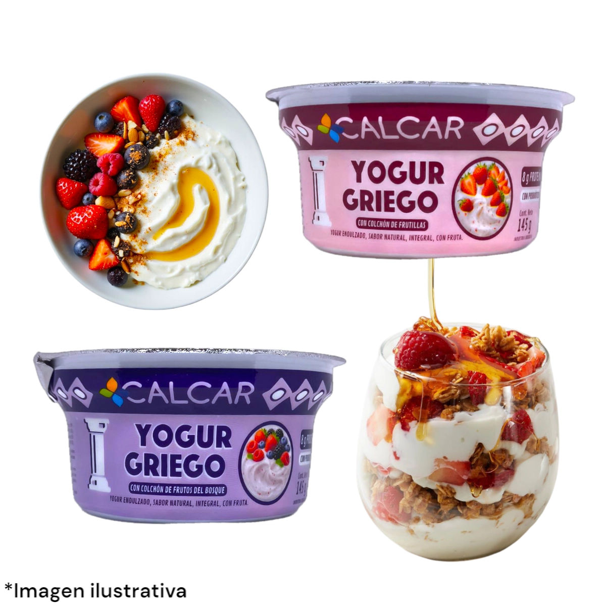 Variedades de Yogur Griego CALCAR 145g (Frutillas y Frutos del Bosque), yogur integral uruguayo con 8g de proteína y colchón de frutas.