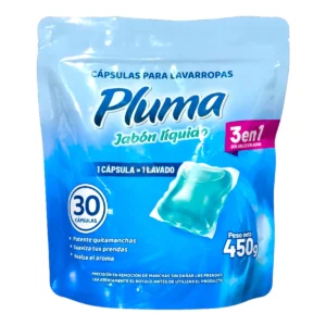 Bolsa de Cápsulas de Jabón Líquido PLUMA para lavarropas con 30 lavados y tecnología 3 en 1.