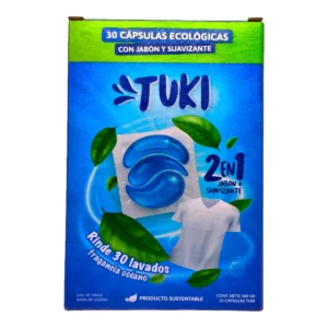 Caja de Cápsulas Ecológicas TUKI 2en1 con jabón y suavizante para 30 lavados, fragancia océano.