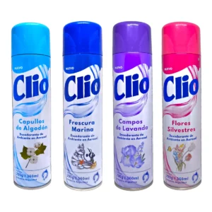 Cuatro envases de Desodorante de Ambiente CLIO 360mL en sus variedades: Capullos de Algodón, Frescura Marina, Campos de Lavanda y Flores Silvestres.